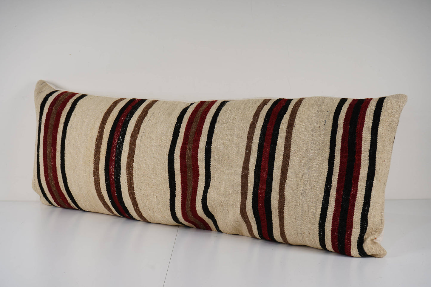 Extra Large Striped Vintage Turkish Kilim Pillow - Black, Red & Brown Stripes