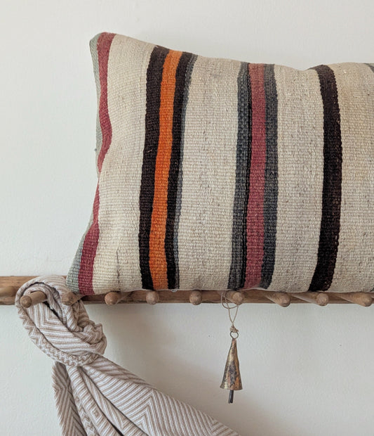 Long Vintage Turkish Kilim Striped Pillow - Orange and Green Stripes
