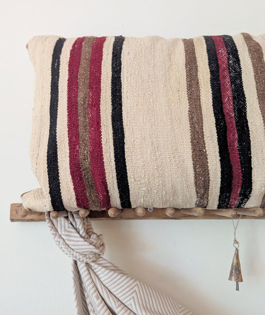 Extra Large Striped Vintage Turkish Kilim Pillow - Black, Red & Brown Stripes