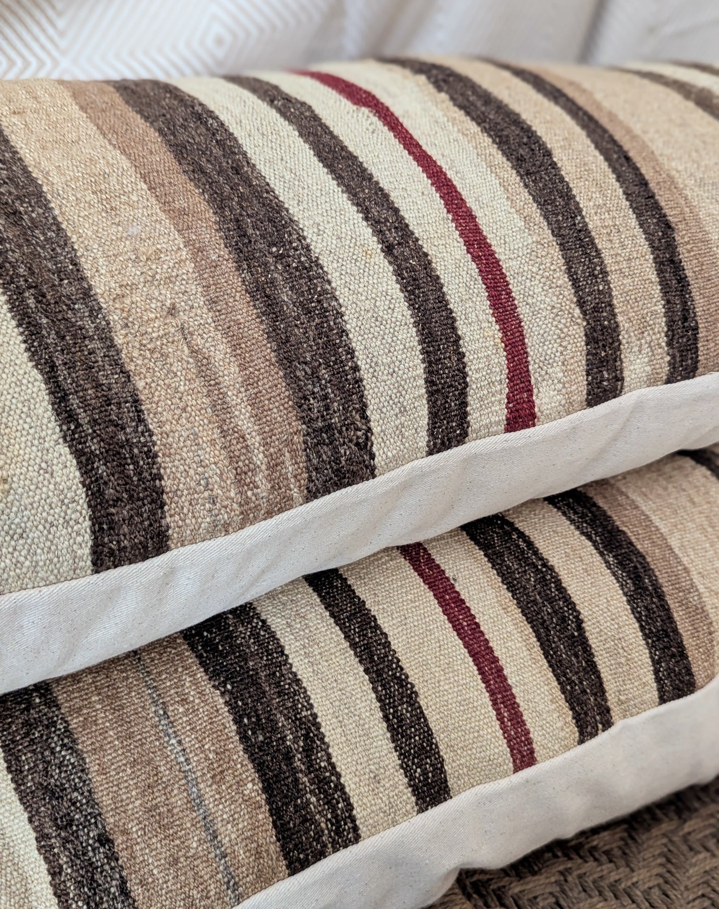 Vintage XL Turkish Kilim Pillow - Brown and Brick Stripes