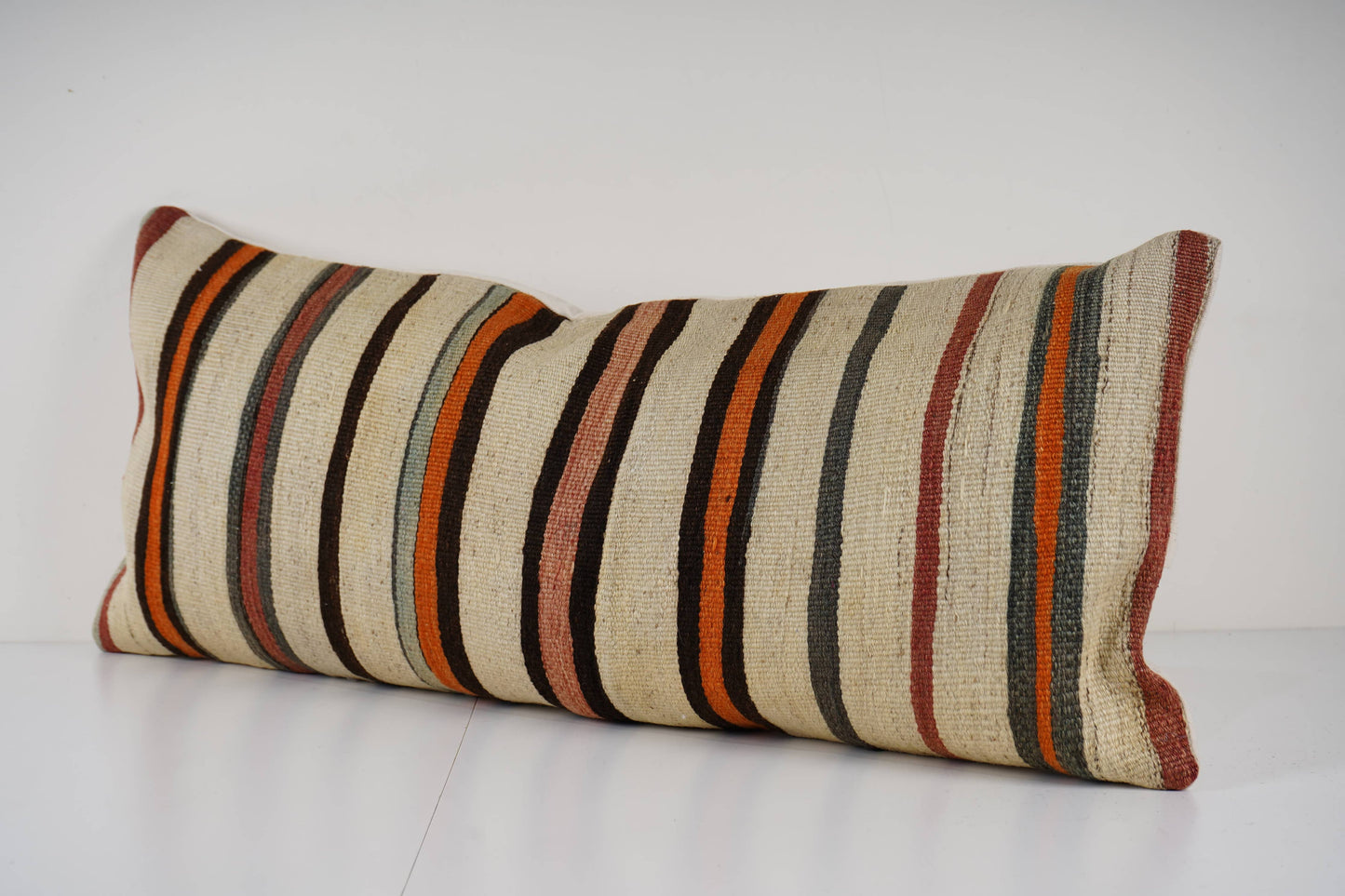 Long Vintage Turkish Kilim Striped Pillow - Orange and Green Stripes