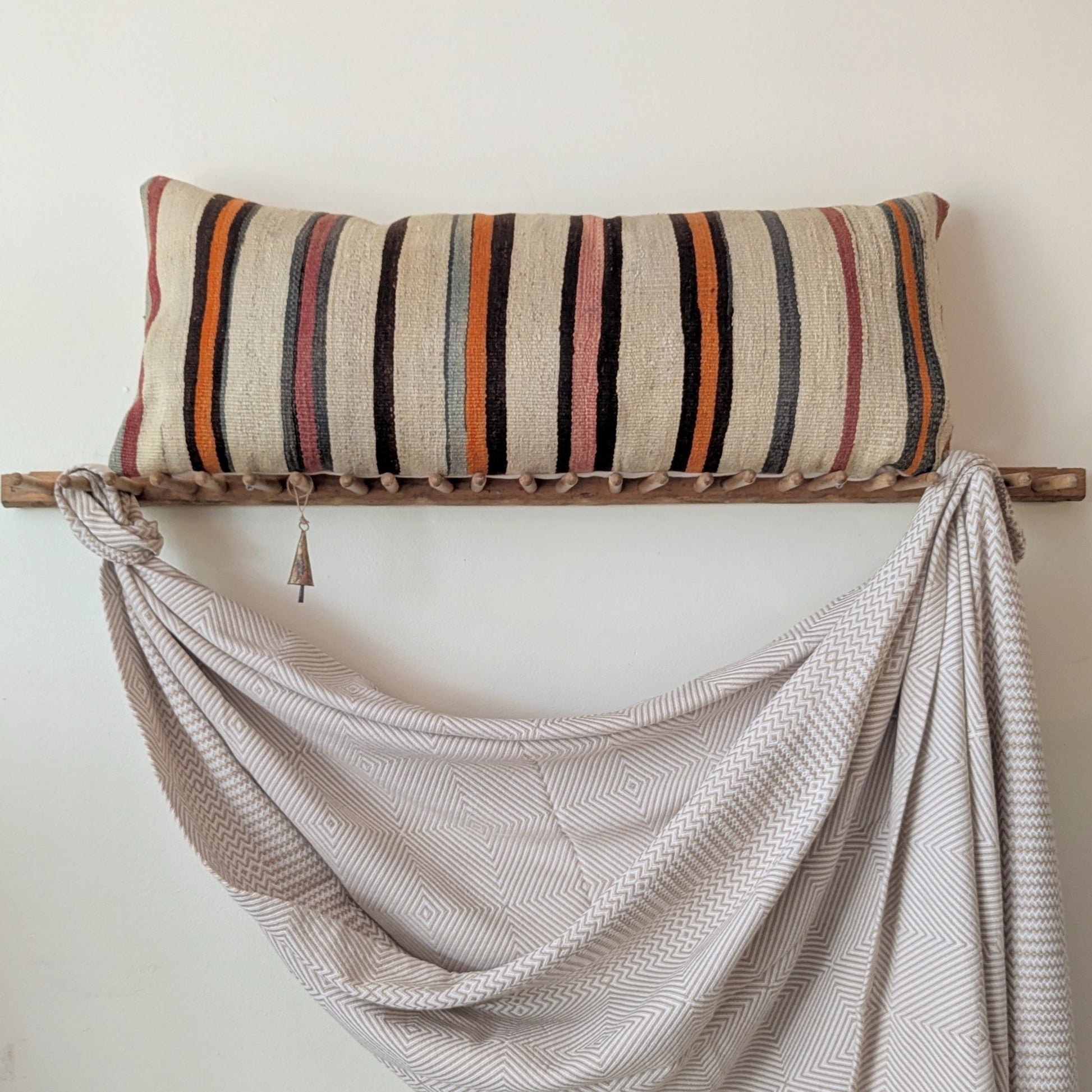 Long Vintage Turkish Kilim Striped Pillow - Orange and Green Stripes