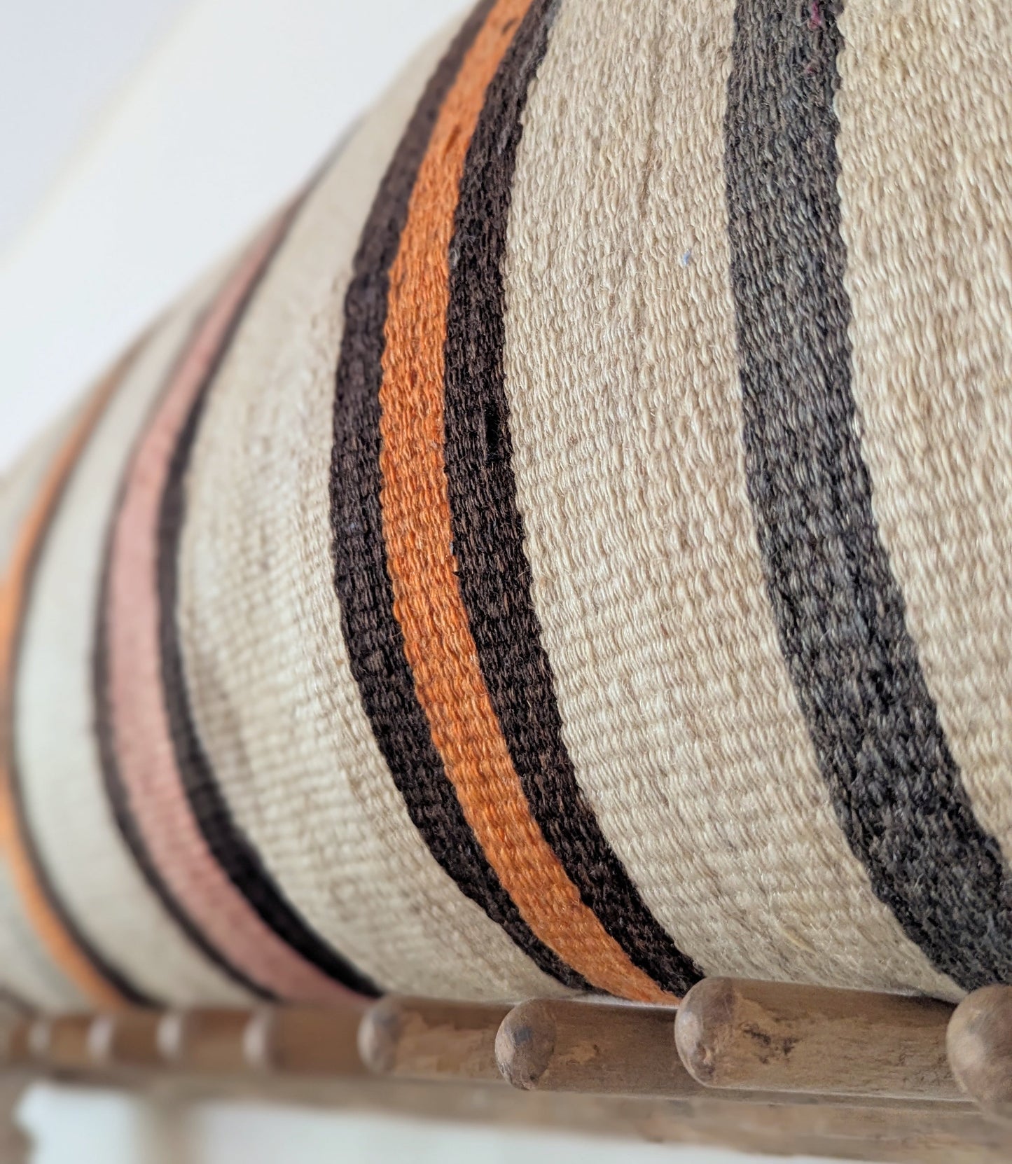Long Vintage Turkish Kilim Striped Pillow - Orange and Green Stripes
