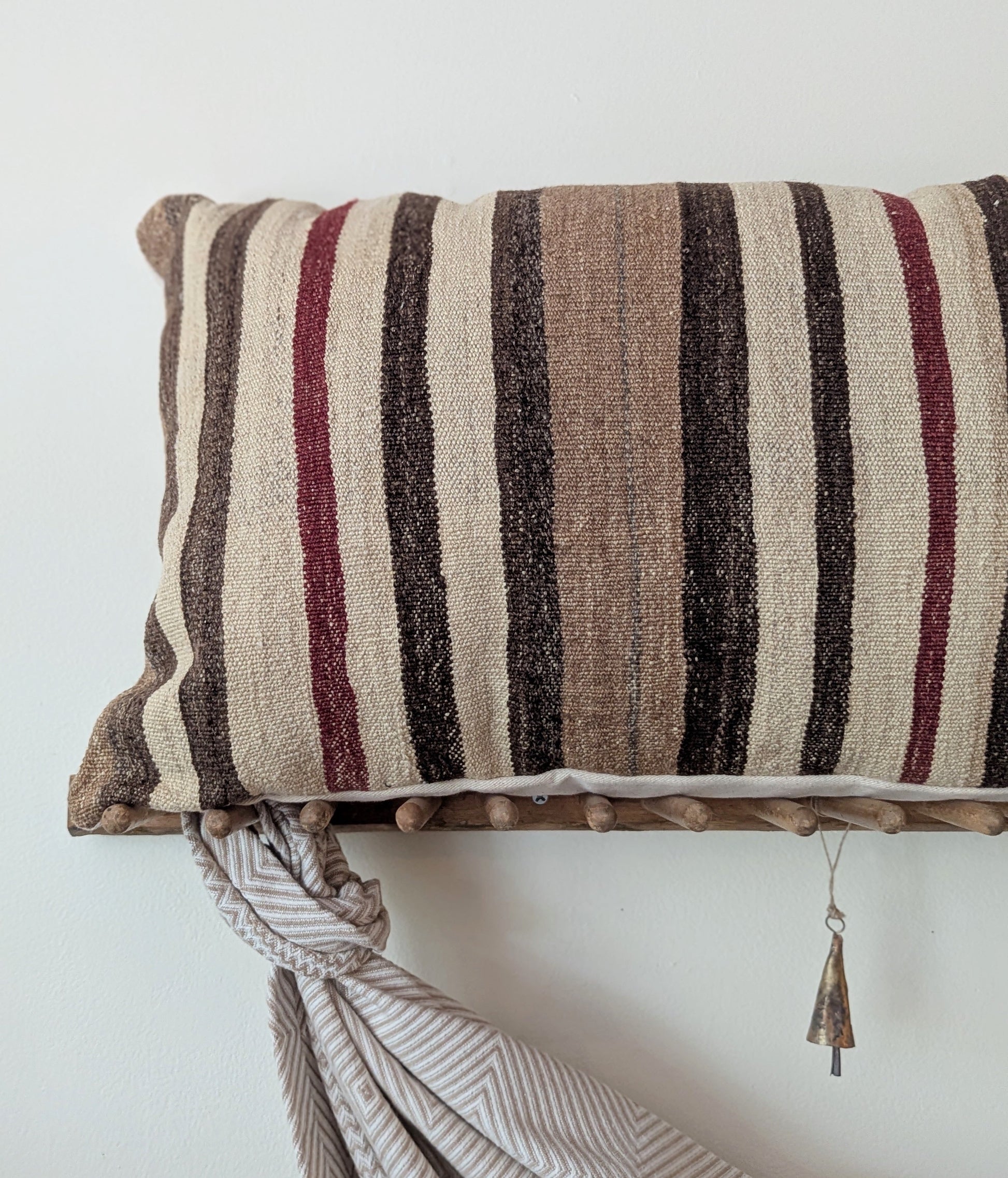 Vintage XL Turkish Kilim Pillow - Brown and Brick Stripes