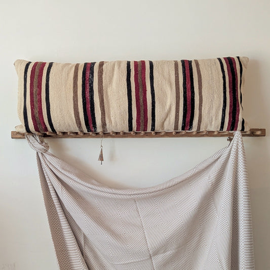 Extra Large Striped Vintage Turkish Kilim Pillow - Black, Red & Brown Stripes