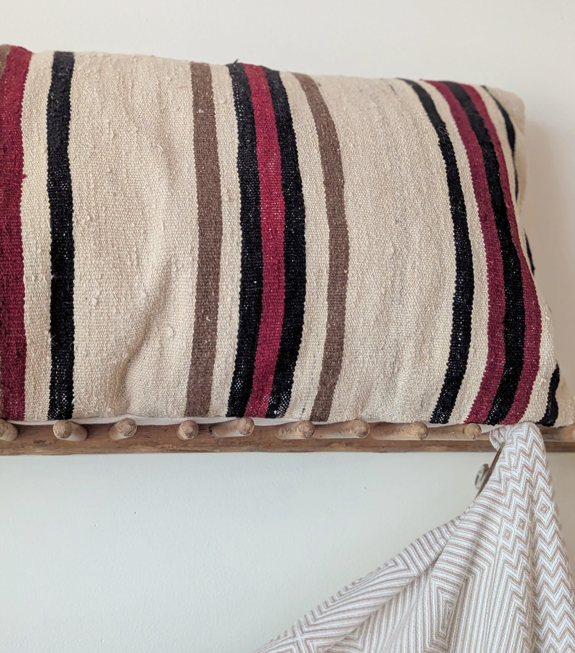 Extra Large Striped Vintage Turkish Kilim Pillow - Black, Red & Brown Stripes