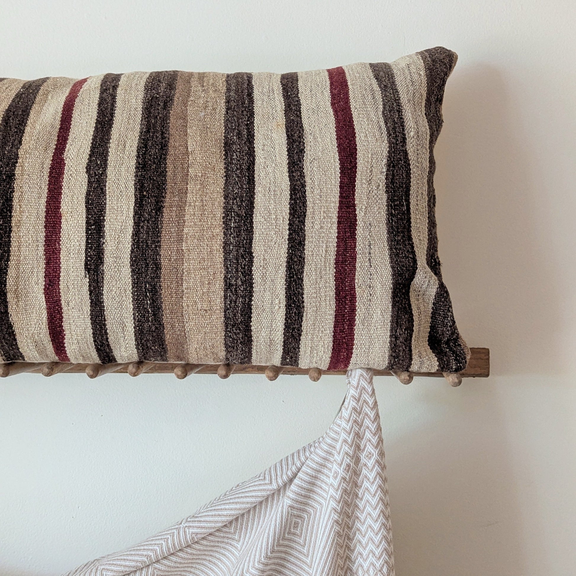 Vintage XL Turkish Kilim Pillow - Brown and Brick Stripes