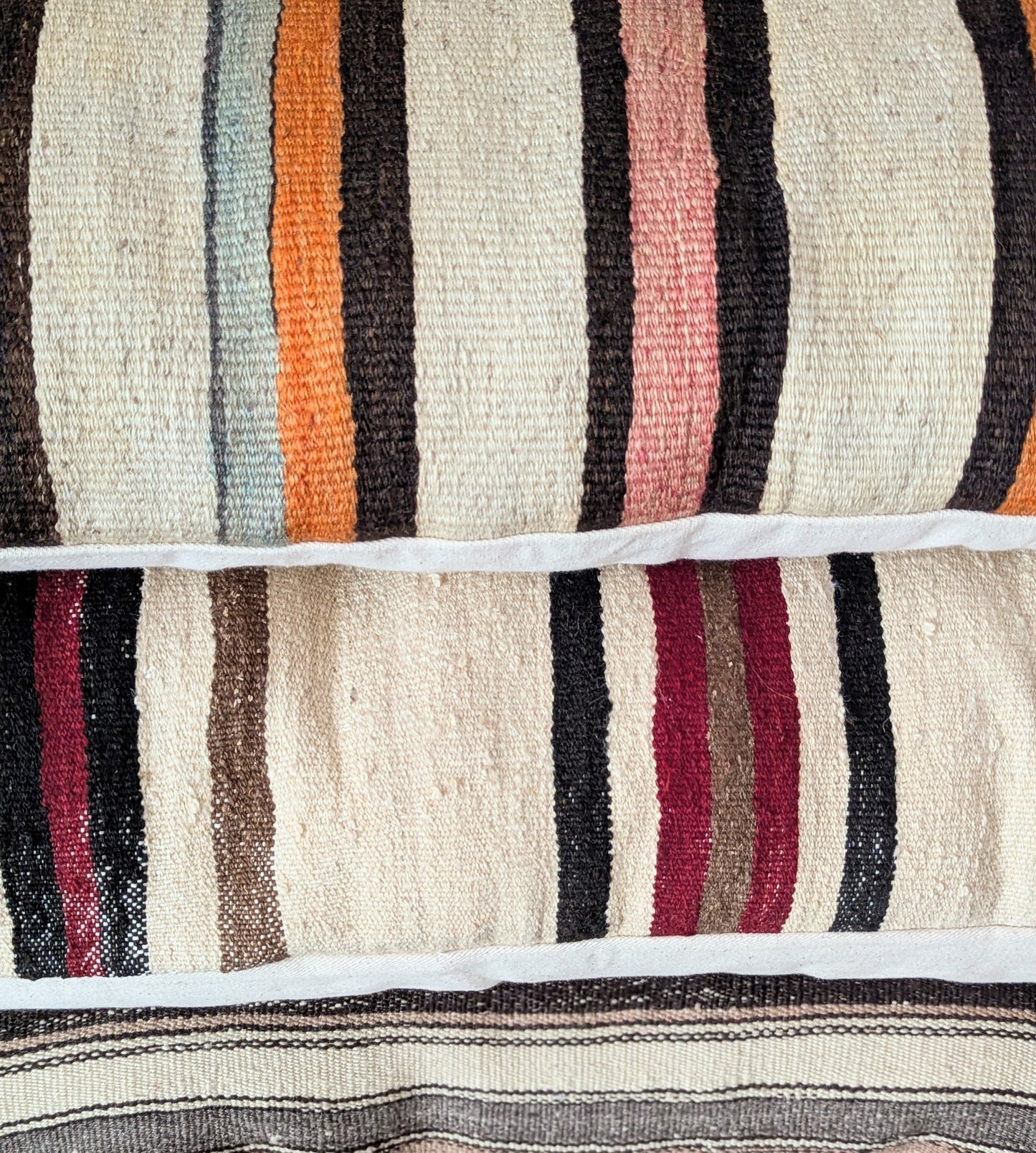 Long Vintage Turkish Kilim Striped Pillow - Orange and Green Stripes
