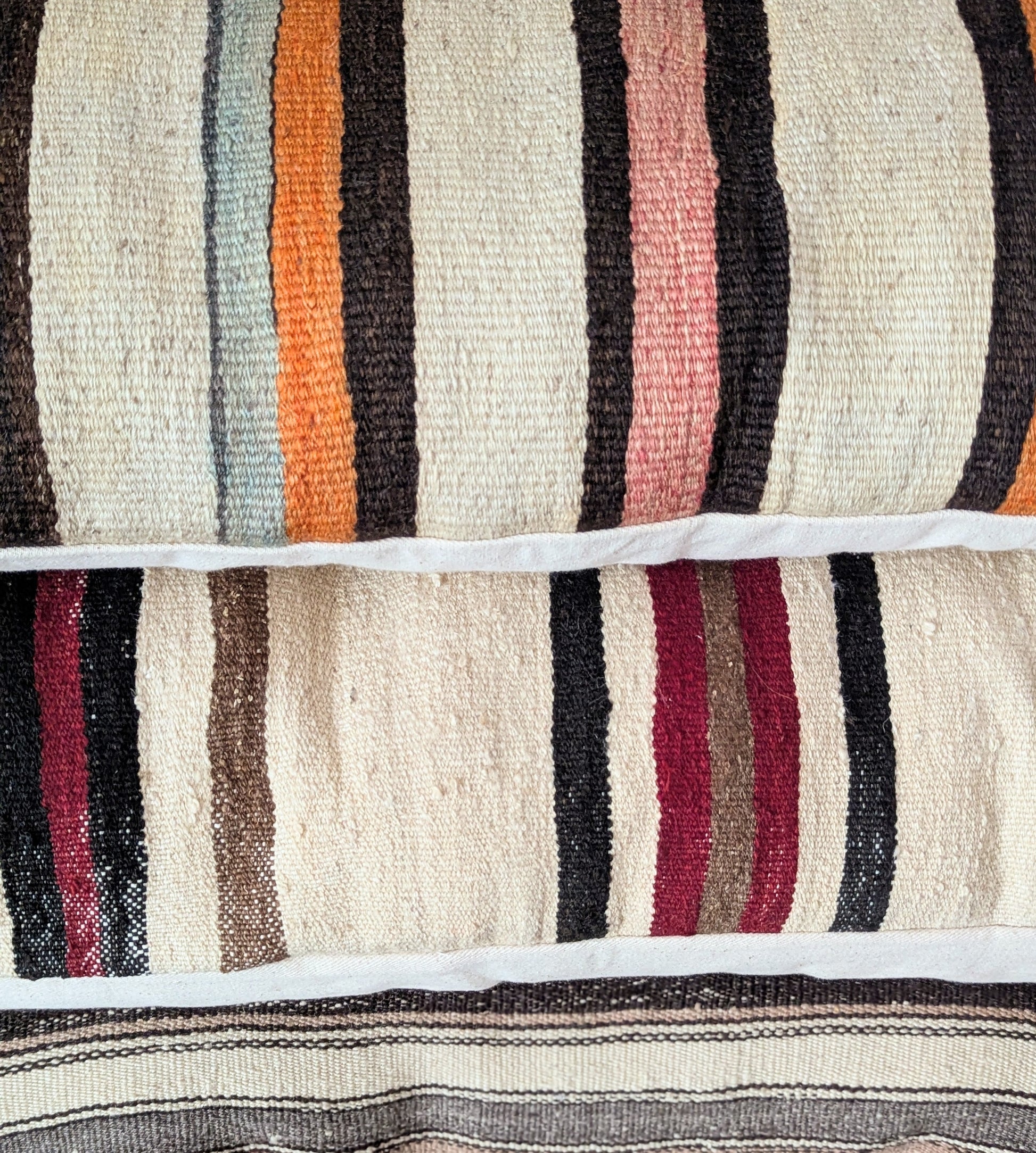 Long Vintage Turkish Kilim Striped Pillow - Orange and Green Stripes
