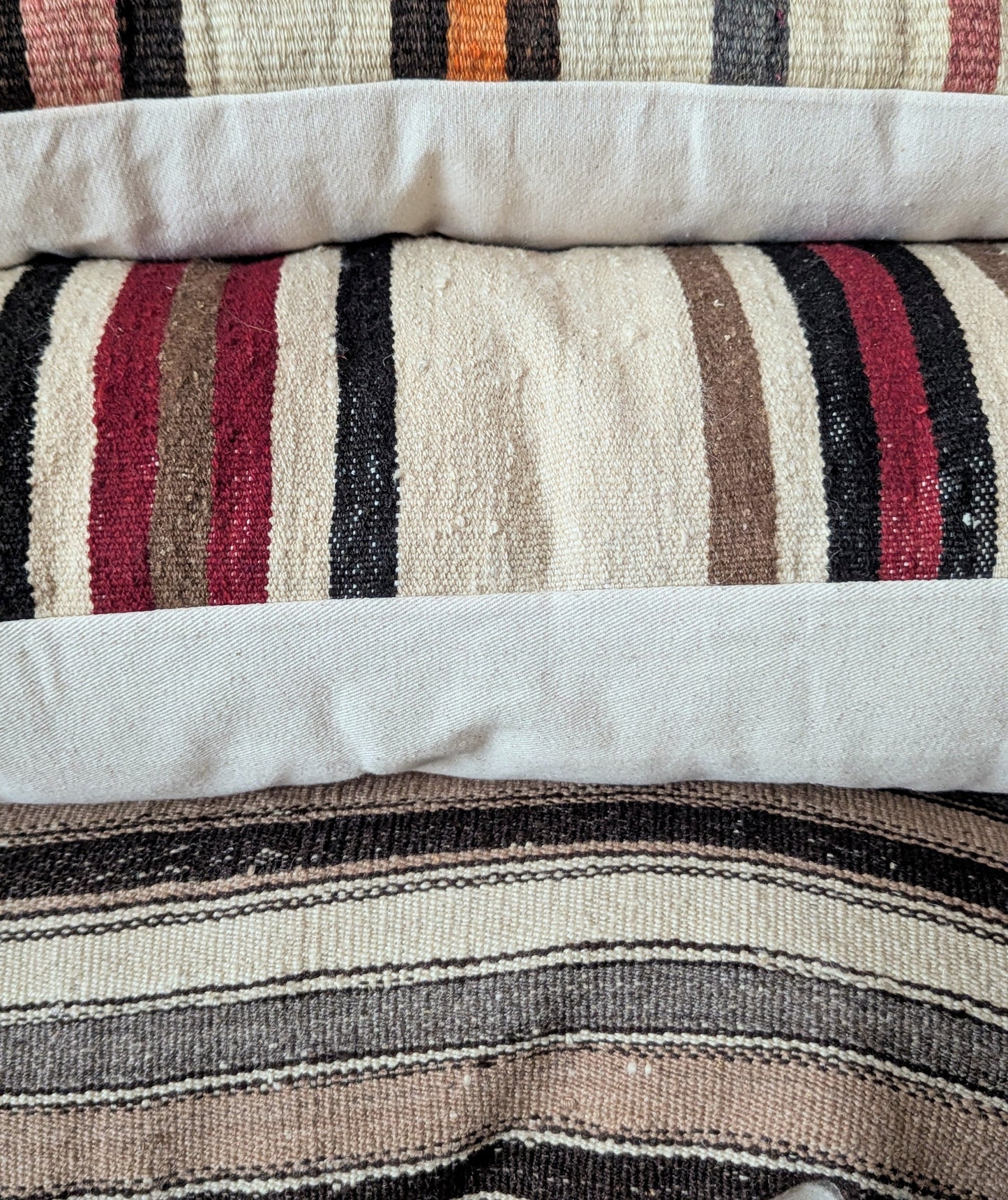 Extra Large Striped Vintage Turkish Kilim Pillow - Black, Red & Brown Stripes