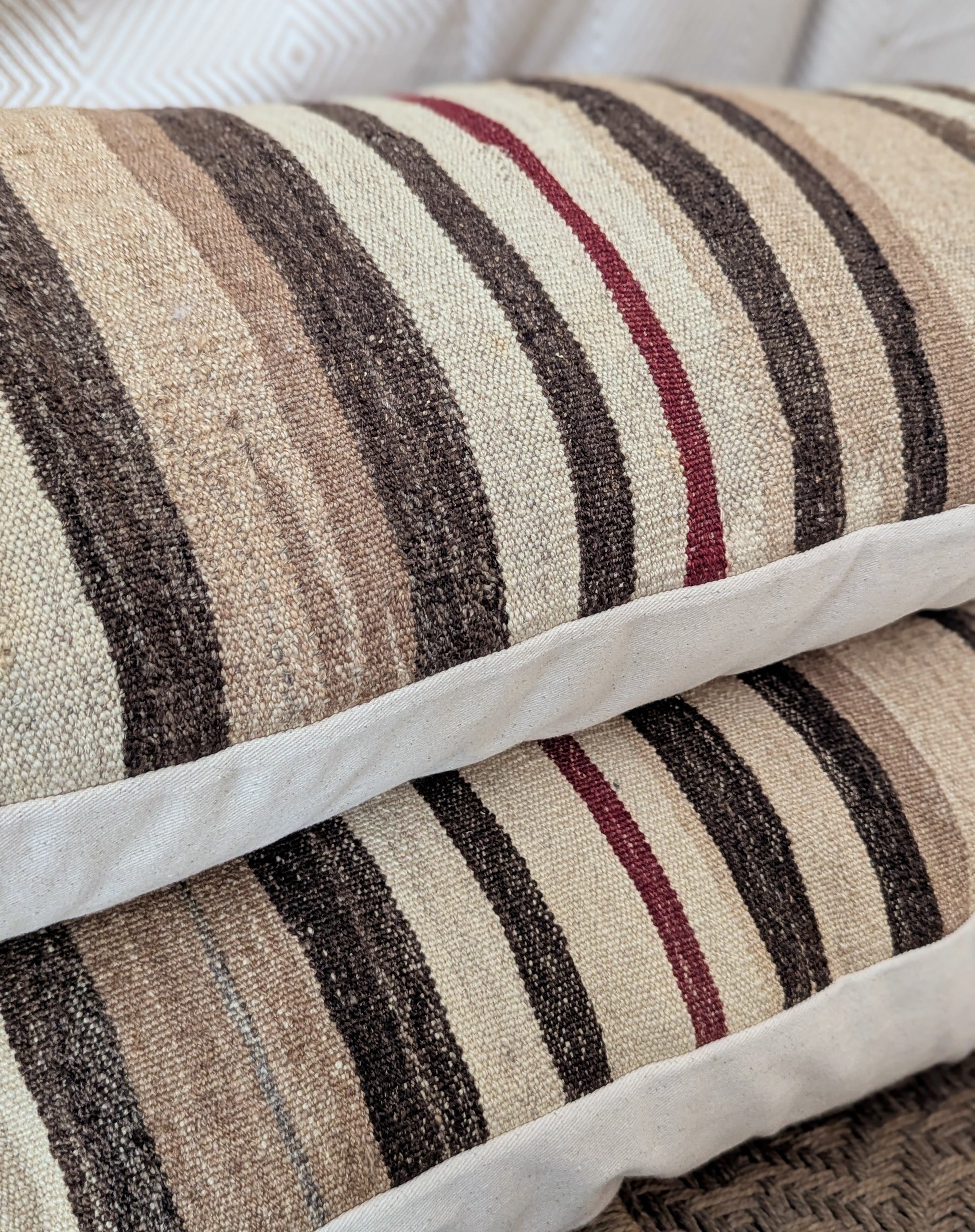 Vintage XL Turkish Kilim Pillow - Brown and Brick Stripes