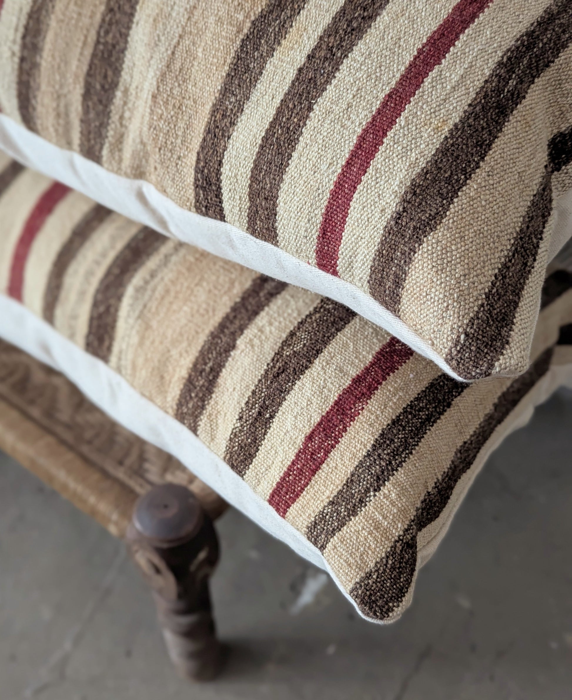 Vintage XL Turkish Kilim Pillow - Brown and Brick Stripes