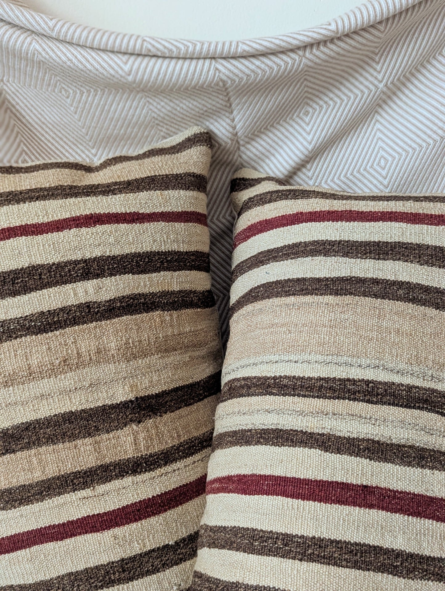Vintage XL Turkish Kilim Pillow - Brown and Brick Stripes
