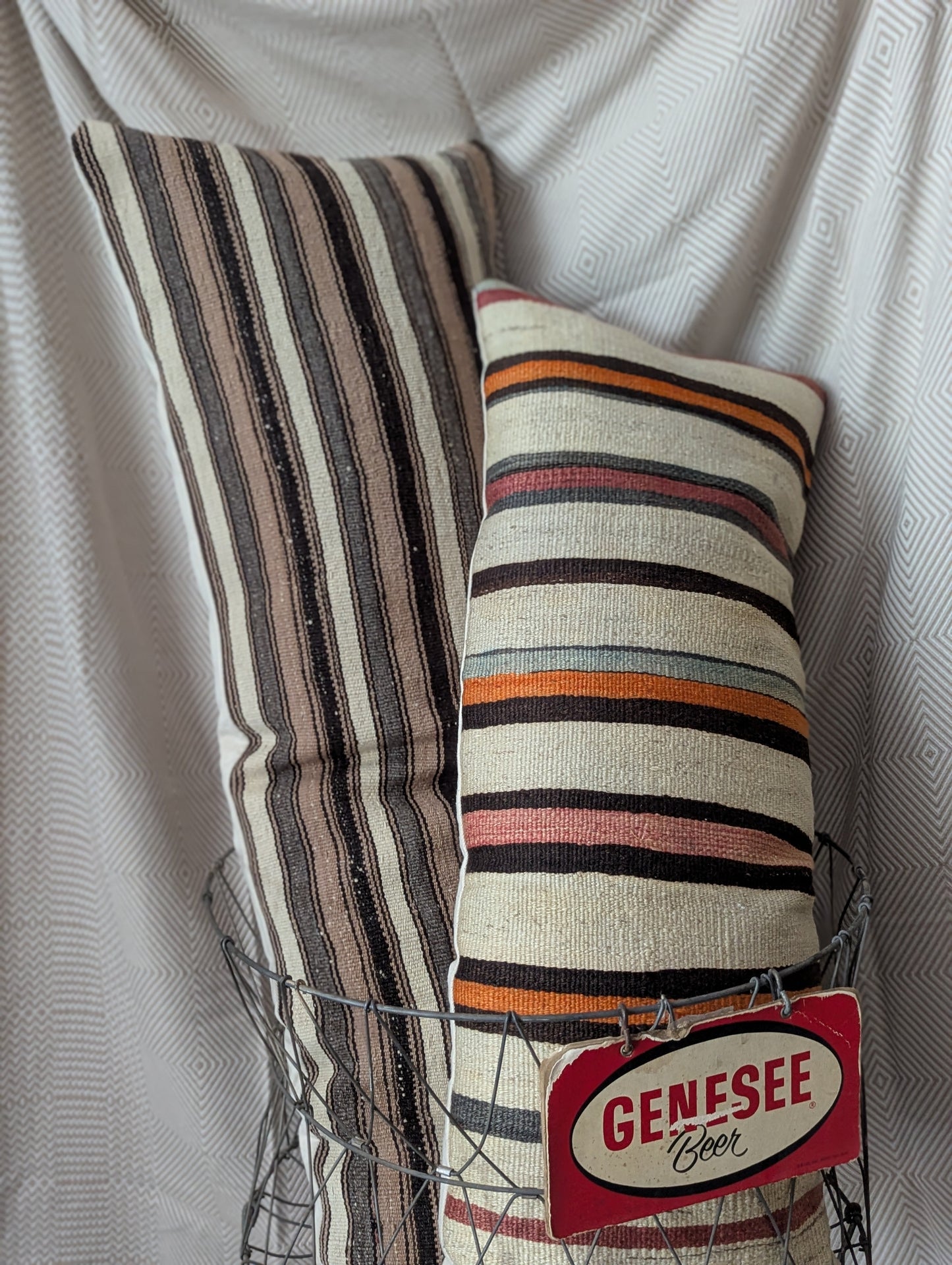 Long Vintage Turkish Kilim Striped Pillow - Orange and Green Stripes
