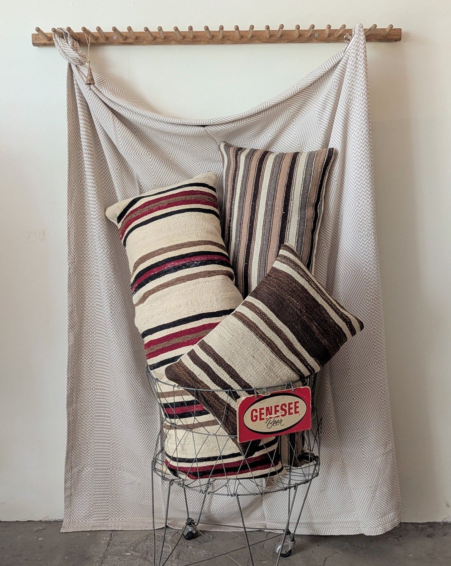 Extra Large Striped Vintage Turkish Kilim Pillow - Black, Red & Brown Stripes