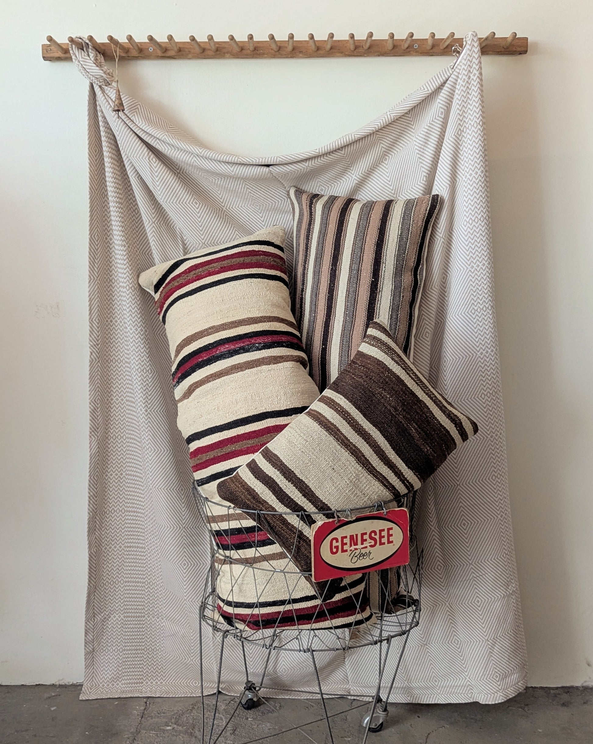 Extra Large Striped Vintage Turkish Kilim Pillow - Black, Red & Brown Stripes