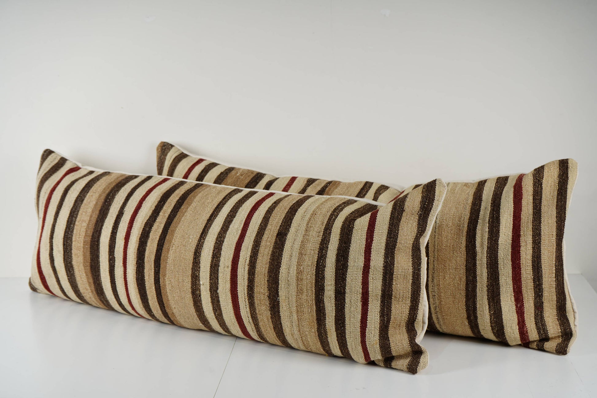 Vintage XL Turkish Kilim Pillow - Brown and Brick Stripes